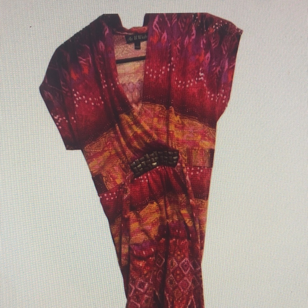 Boho Red Patterned V-Neck Dress with Belt